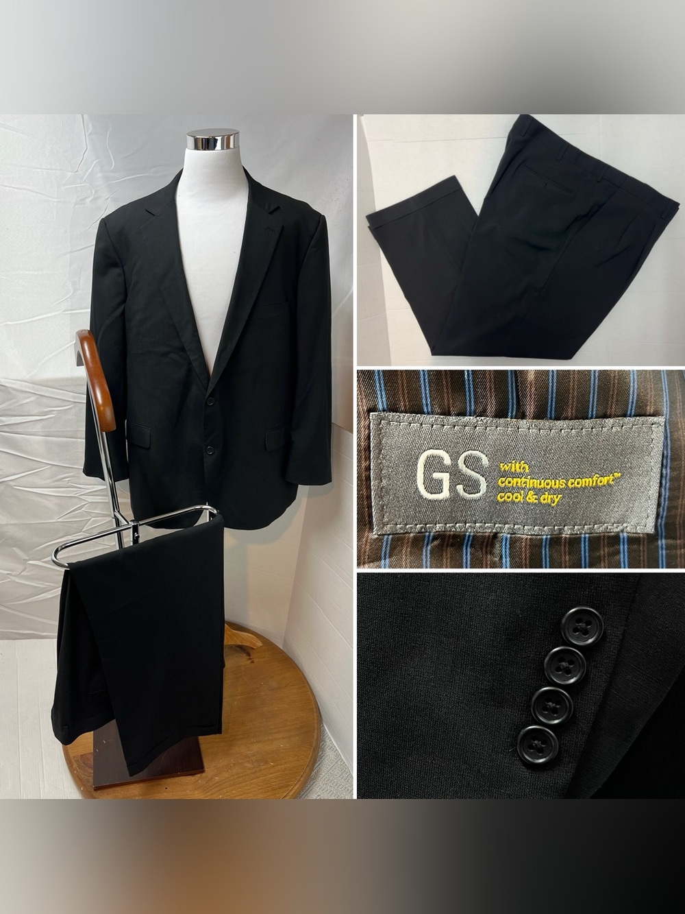 GS Men's 54R Blazer 48x30 Pleated Pants Black Wool Stretch 54PR Suit